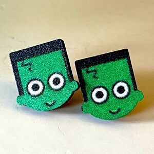 Playful Frankenstein Monster Green and Black wooden stud Earrings silver backs